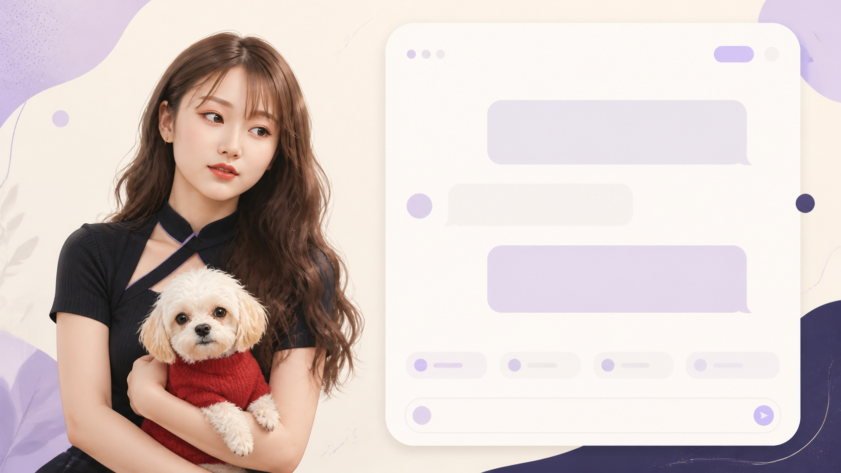Illustrated Sherry holding her Maltese dog beside a conversation window